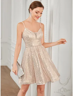 A-Line Homecoming Dresses Vintage Dress Homecoming Short / Mini Sleeveless V Neck Pink Dress Sequined with Glitter Sequin