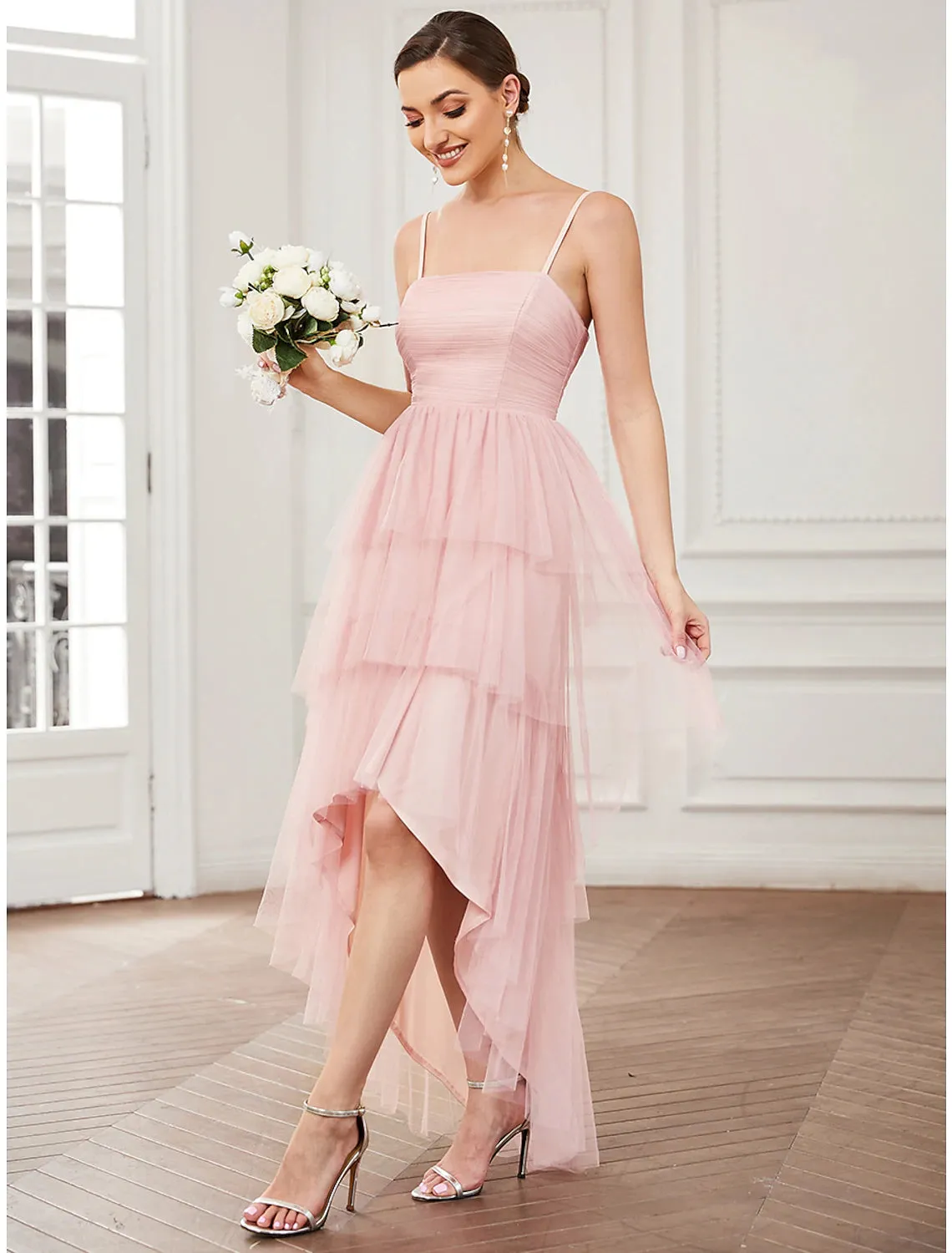 A-Line Party Dresses Vintage Dress Prom Knee Length Sleeveless Spaghetti Strap Tulle with Ruched