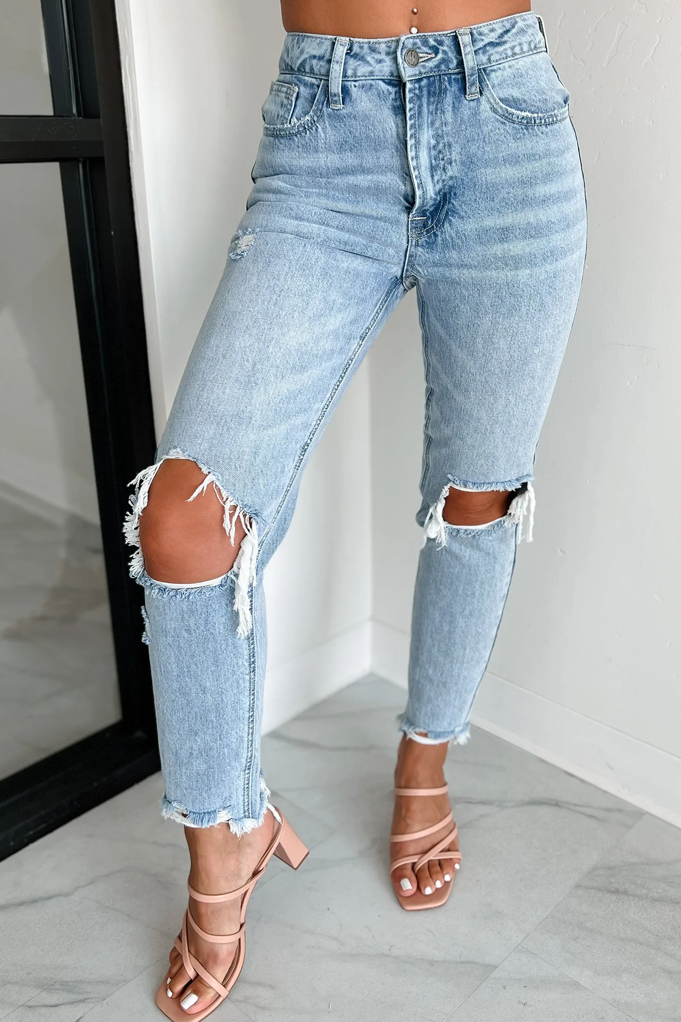 Alaina High Rise Distressed Boyfriend Jeans (Light Denim)