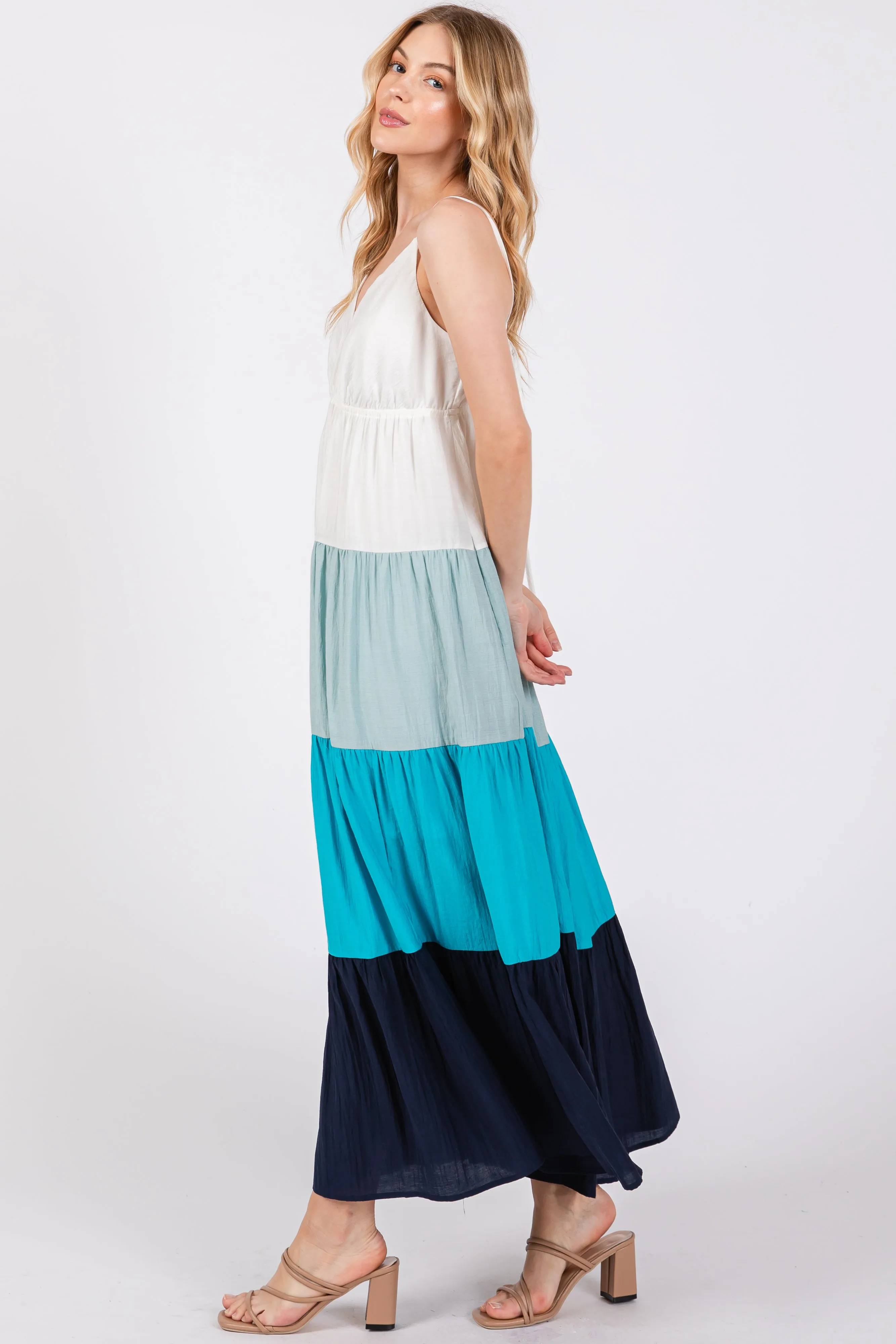 Aqua V-Neck Tiered Color Block Midi Dress