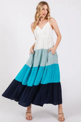 Aqua V-Neck Tiered Color Block Midi Dress