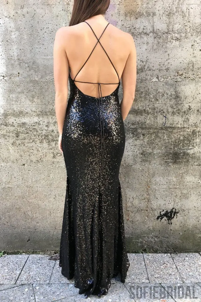 Black Sequin Sheath Prom Dresses, Long Popular Prom Dresses, PD0748