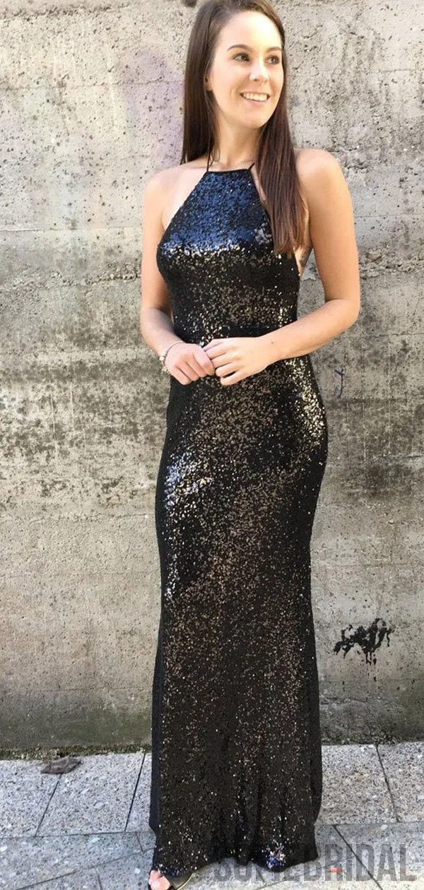 Black Sequin Sheath Prom Dresses, Long Popular Prom Dresses, PD0748