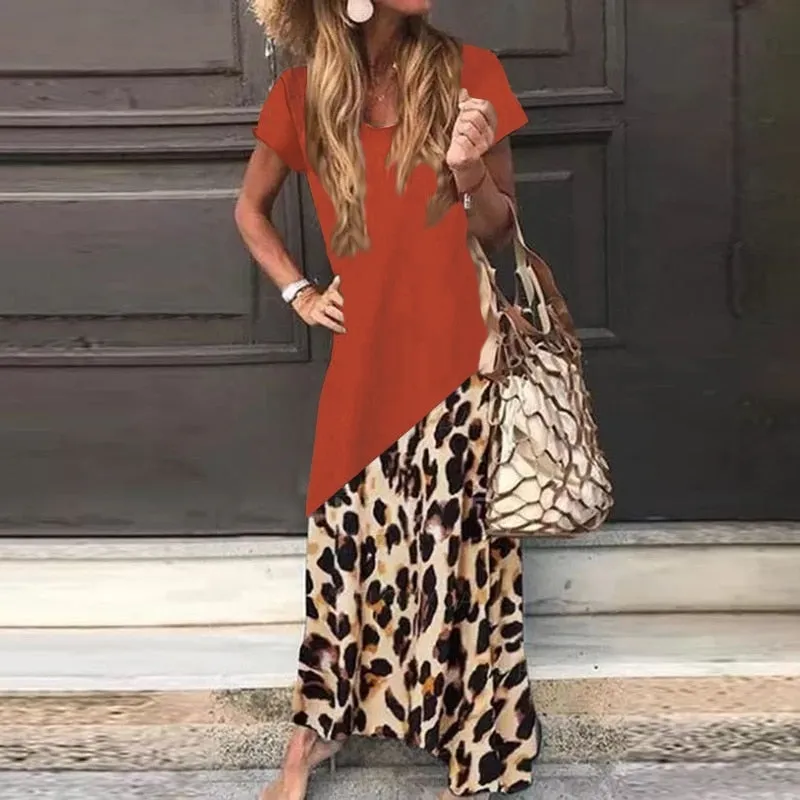 Block Color Leopard Loose Maxi Dress