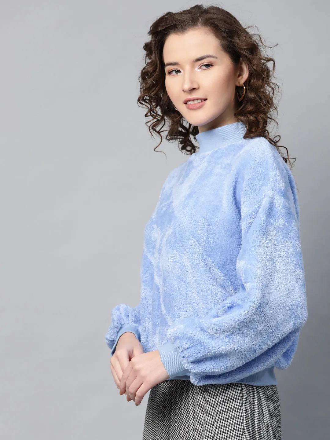 Blue Balloon Sleeve Faux Fur Sweatshirt