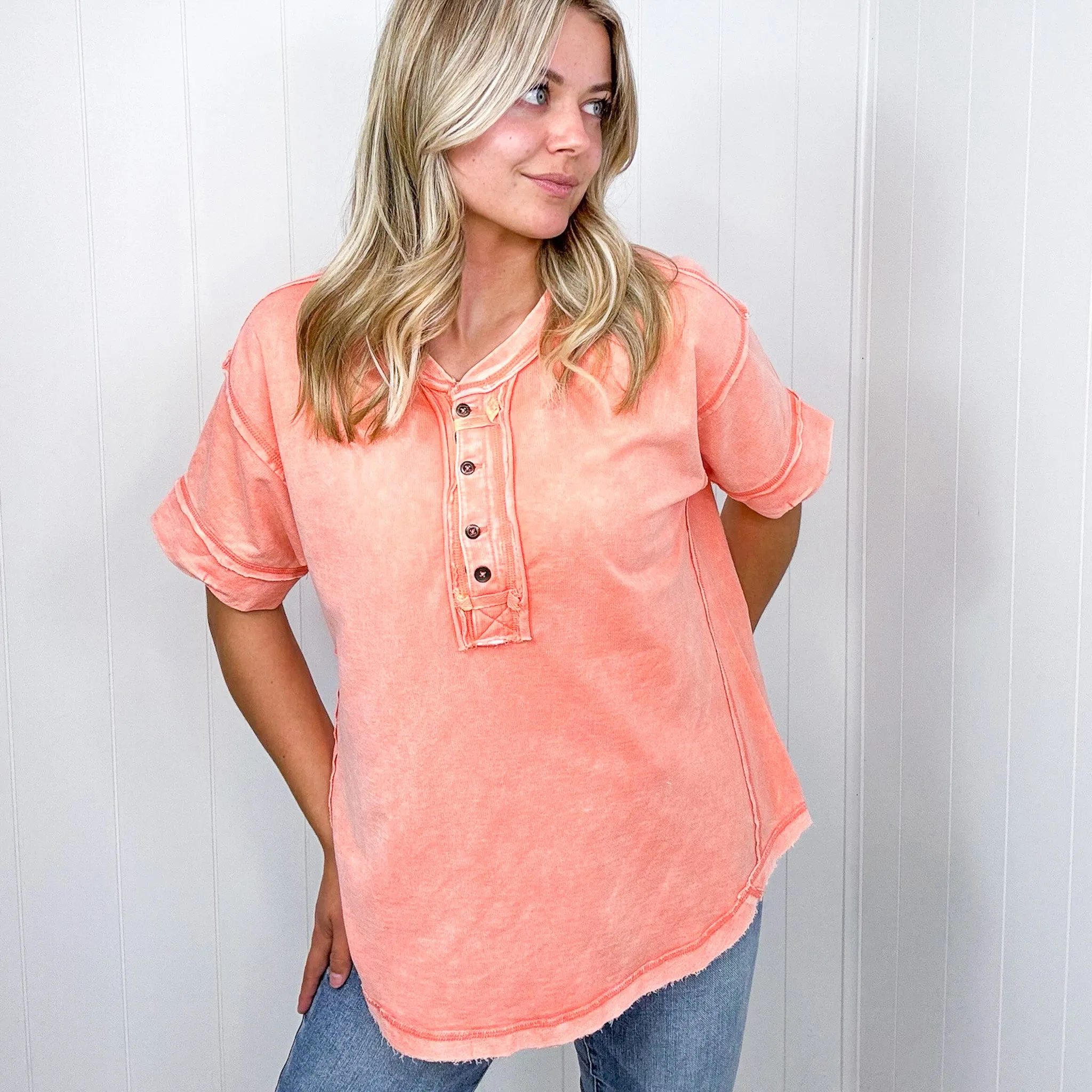 Bright Detailed Button Closure Scoop Neckline Short Sleeve Top in 7 Colors