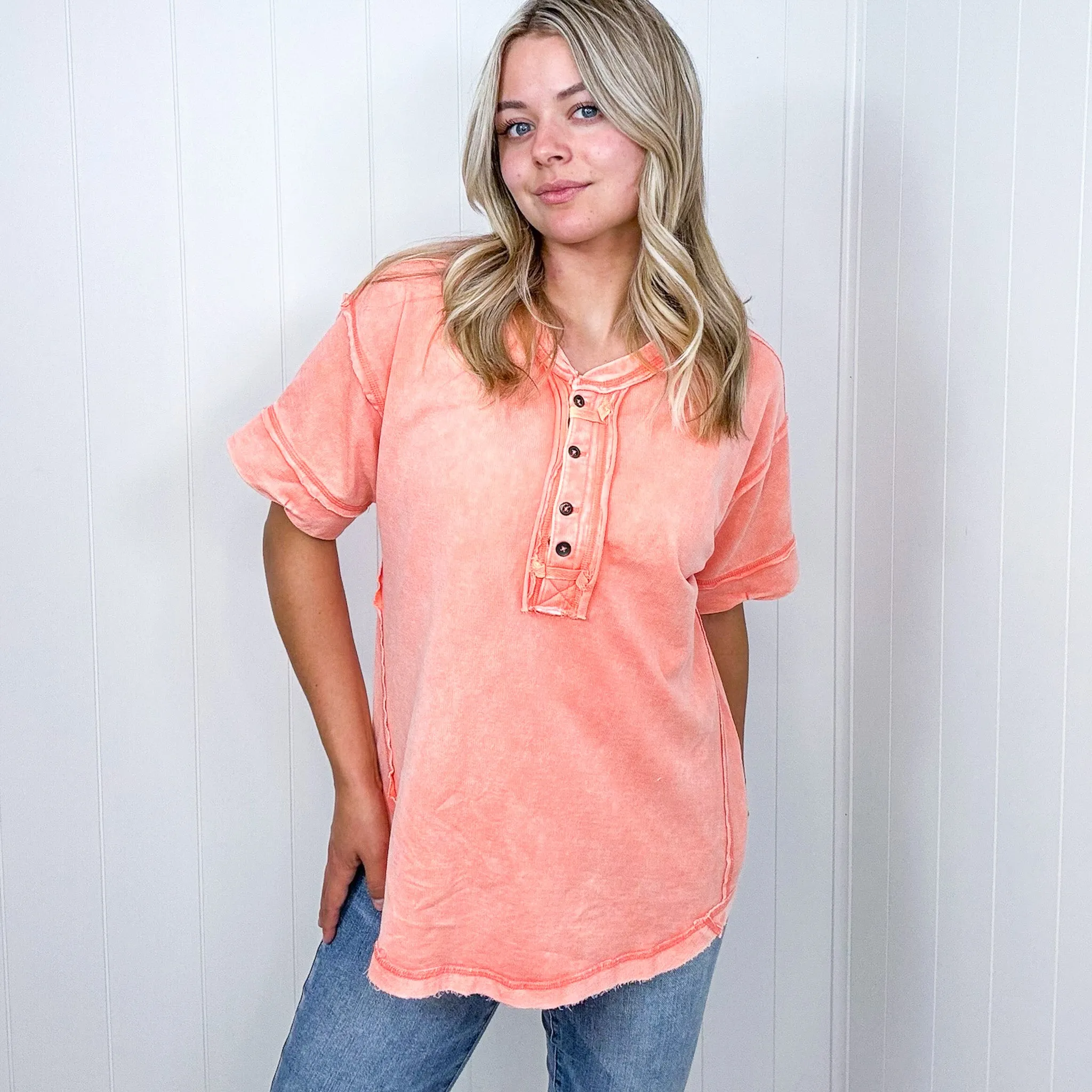 Bright Detailed Button Closure Scoop Neckline Short Sleeve Top in 7 Colors