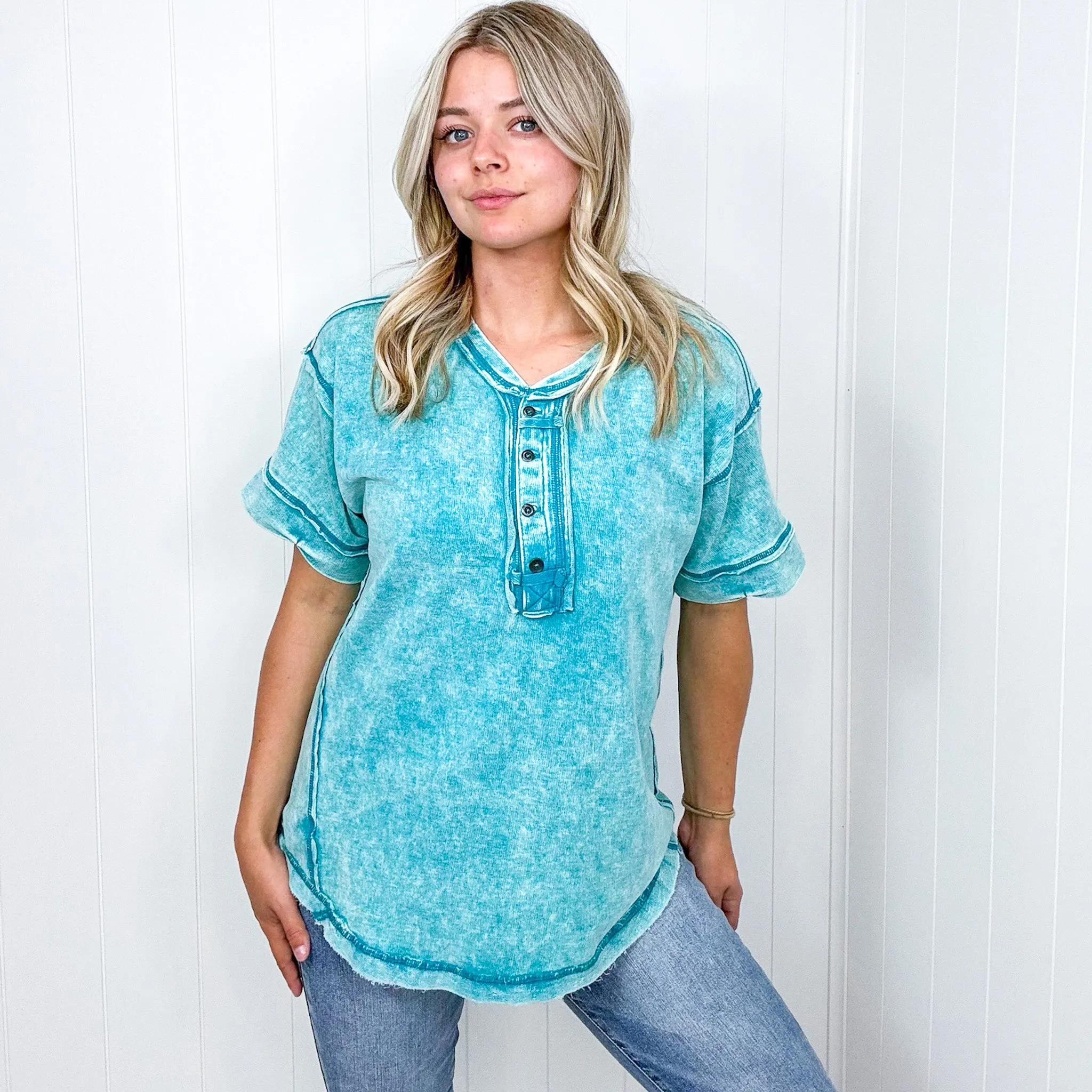 Bright Detailed Button Closure Scoop Neckline Short Sleeve Top in 7 Colors