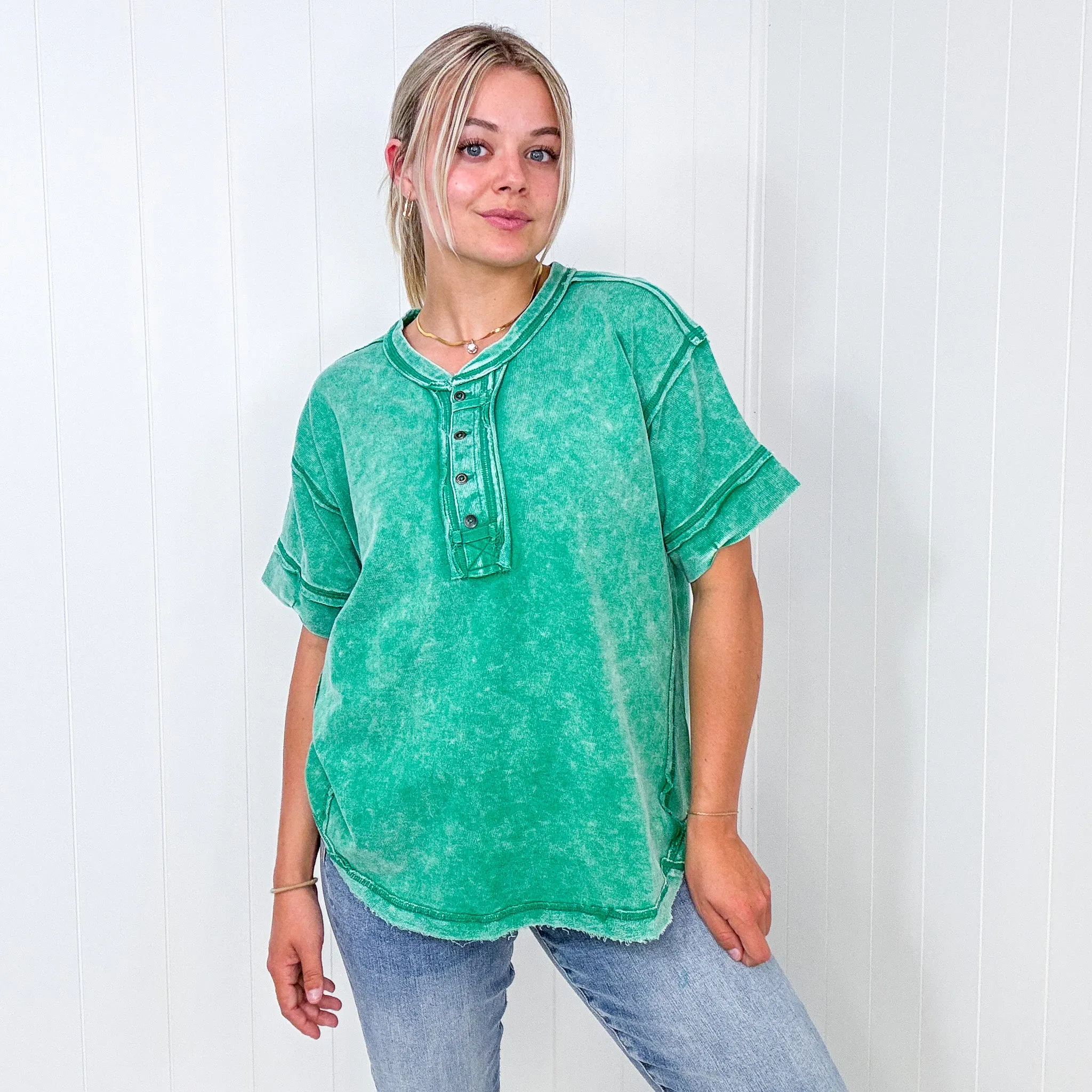 Bright Detailed Button Closure Scoop Neckline Short Sleeve Top in 7 Colors