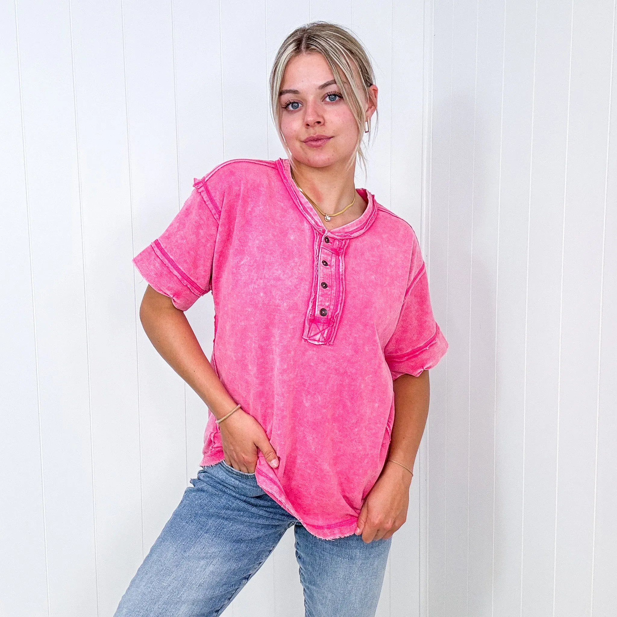 Bright Detailed Button Closure Scoop Neckline Short Sleeve Top in 7 Colors