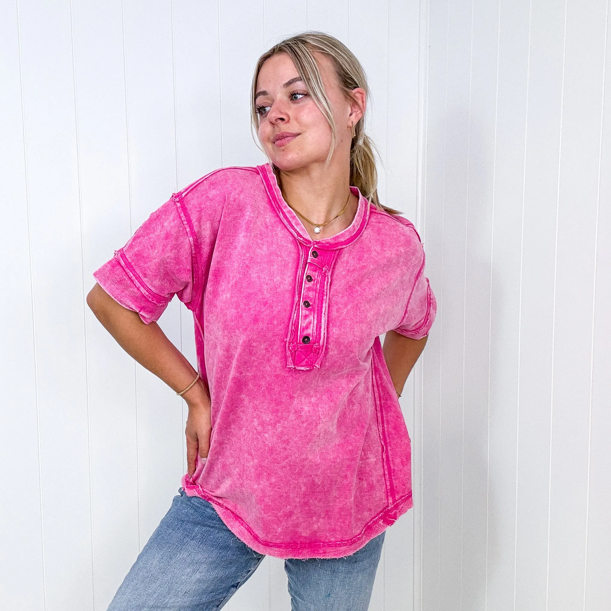 Bright Detailed Button Closure Scoop Neckline Short Sleeve Top in 7 Colors