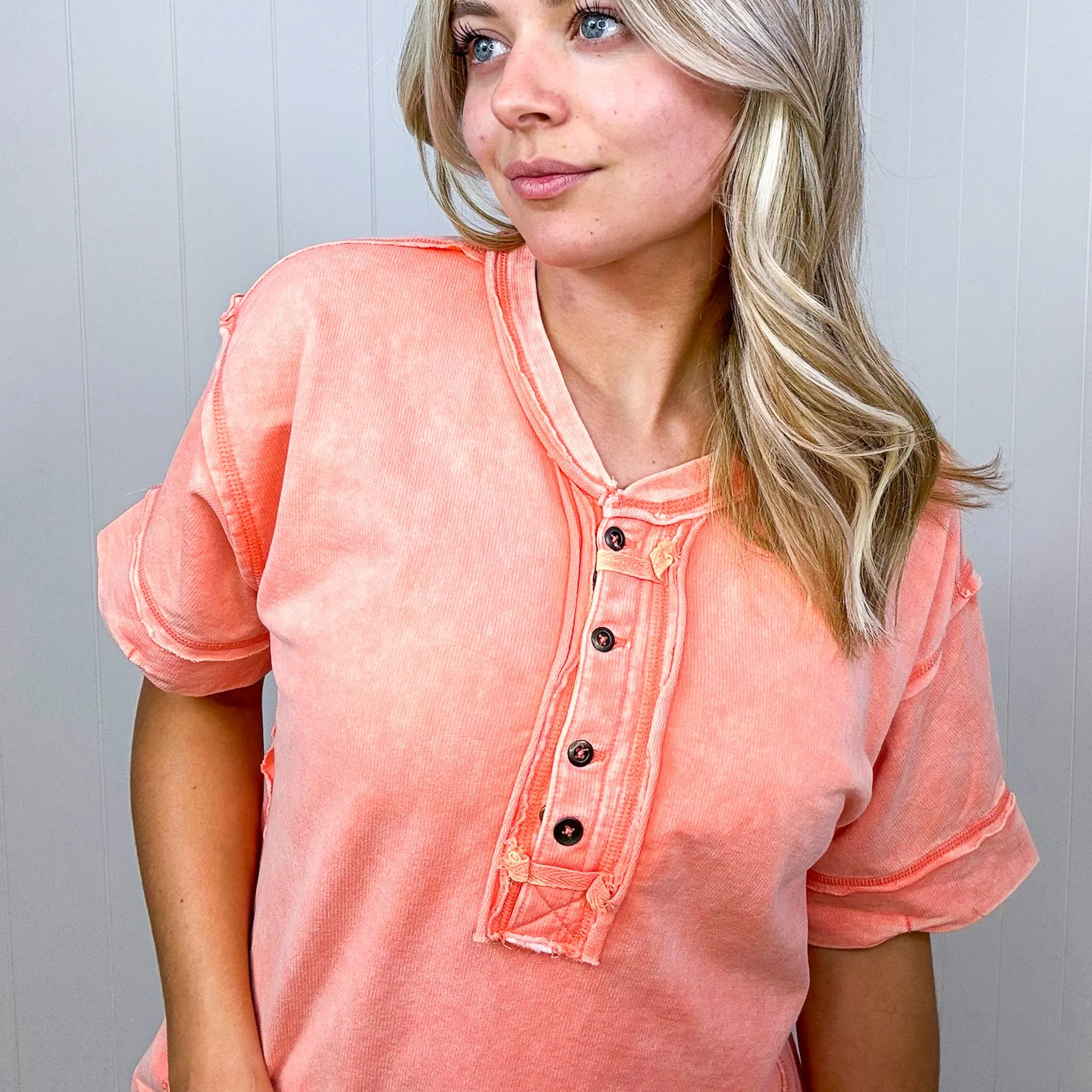 Bright Detailed Button Closure Scoop Neckline Short Sleeve Top in 7 Colors