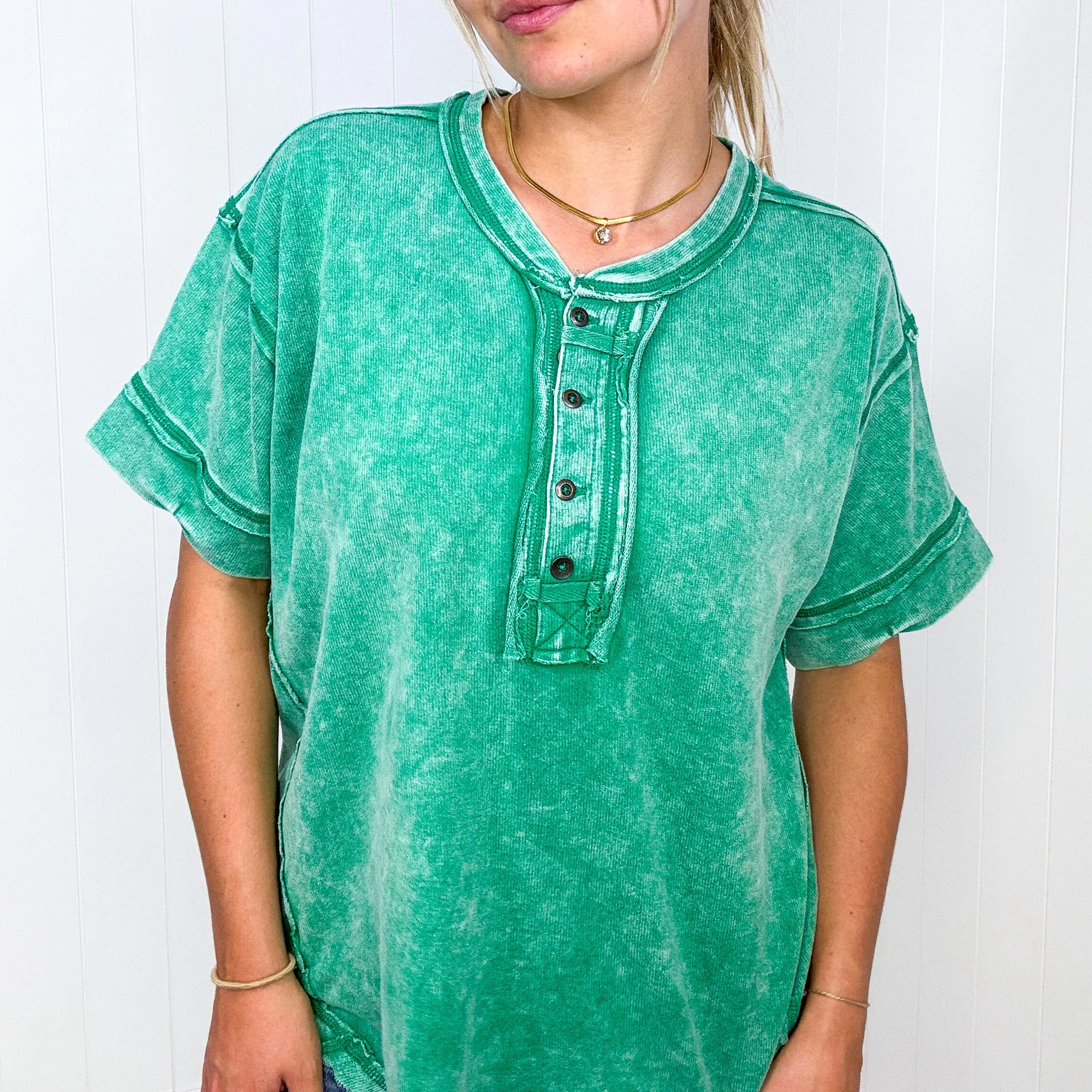 Bright Detailed Button Closure Scoop Neckline Short Sleeve Top in 7 Colors