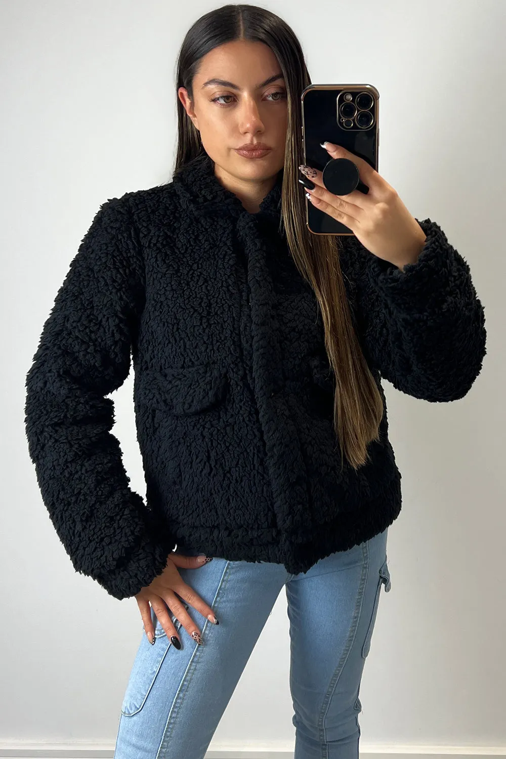 Caley Black Teddy Faux Fur Trucker Jacket