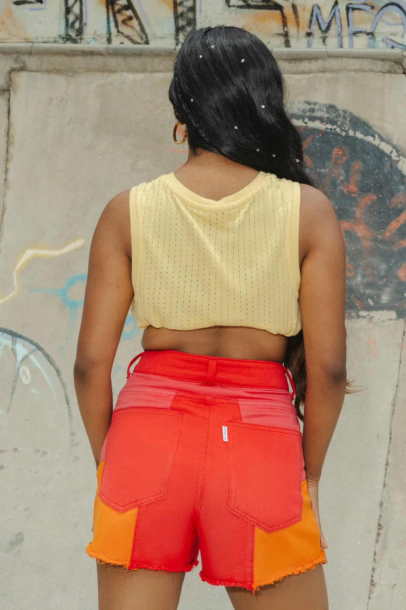 Color Block Raw Hem Denim Shorts