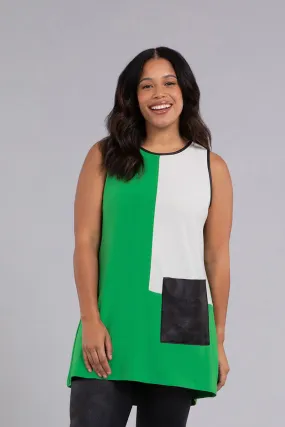 Colour Block Patch Pocket Sleeveless Tunic | Kelly Green/Ivory