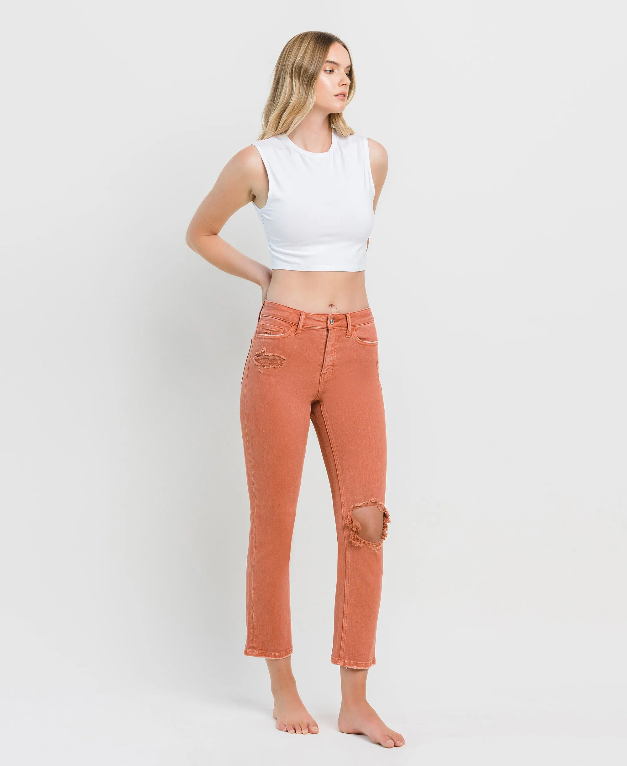 Copper Brown - High Rise Crop Slim Straight Jeans