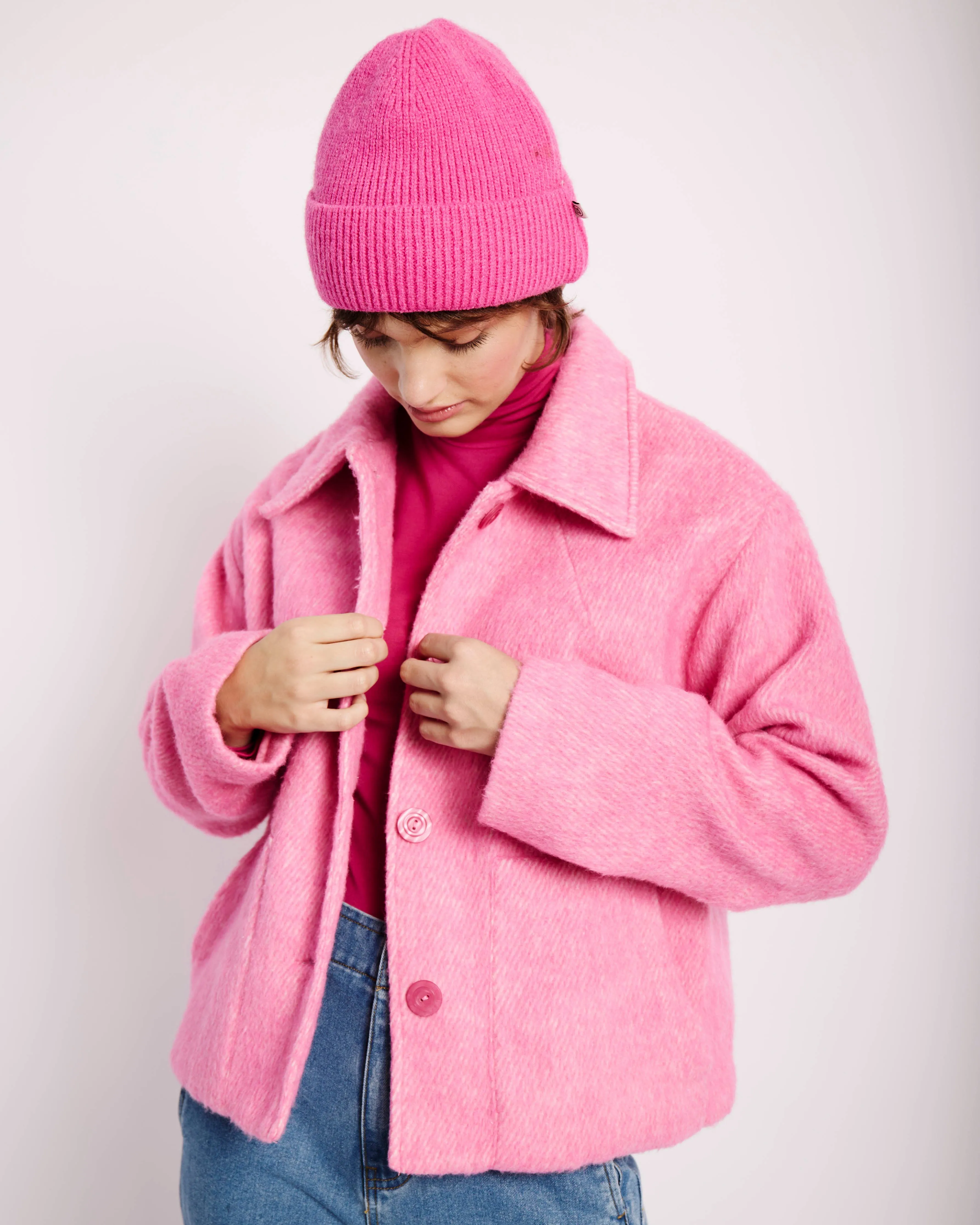 Cropped Melton Jacket in Barbie Pink