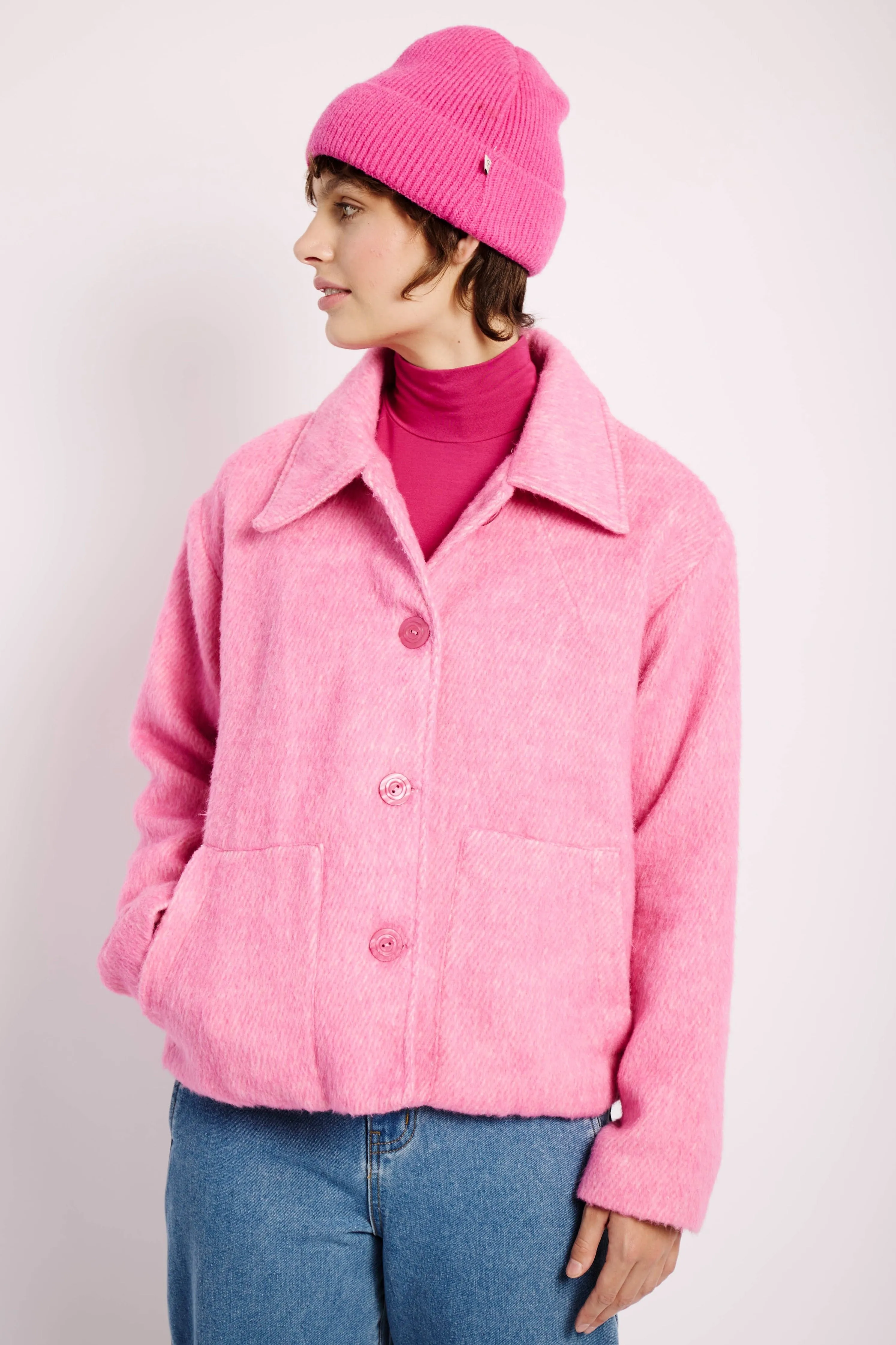 Cropped Melton Jacket in Barbie Pink