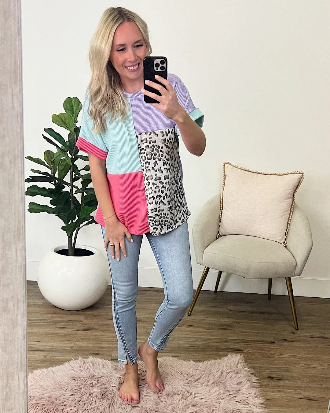 Daphne Leopard Corded Color Block Top - Lavender