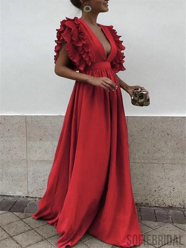 Deep V-neck Red Prom Dresses, A-line Prom Dresses, Cheap Prom Dresses, Prom Dresses, PD0649