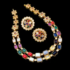 Double Row Navarathan Necklace With Stud Earrings