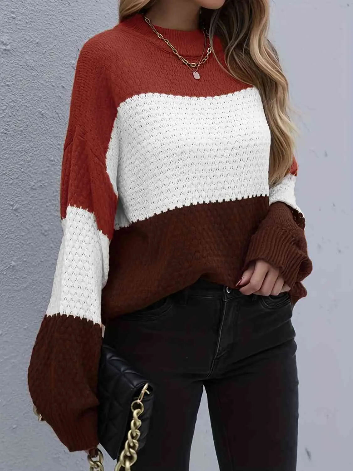 Explore More Collection - Color Block Dropped Shoulder Sweater