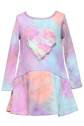 Girls Long Sleeve Tie-Dye Faux Fur Heart And Rhinestone Detail Dress