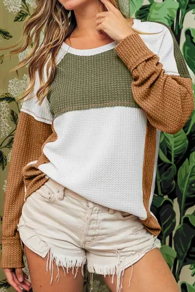 Green Color Block Exposed Seam Waffle Knit Long Sleeve Top