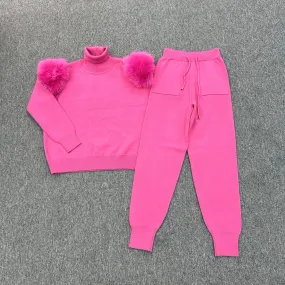 Hot Pink Faux Fur Shoulder Roll Neck Jogger Tracksuit