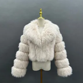 Light Beige Premium Faux Fur Collared Jacket