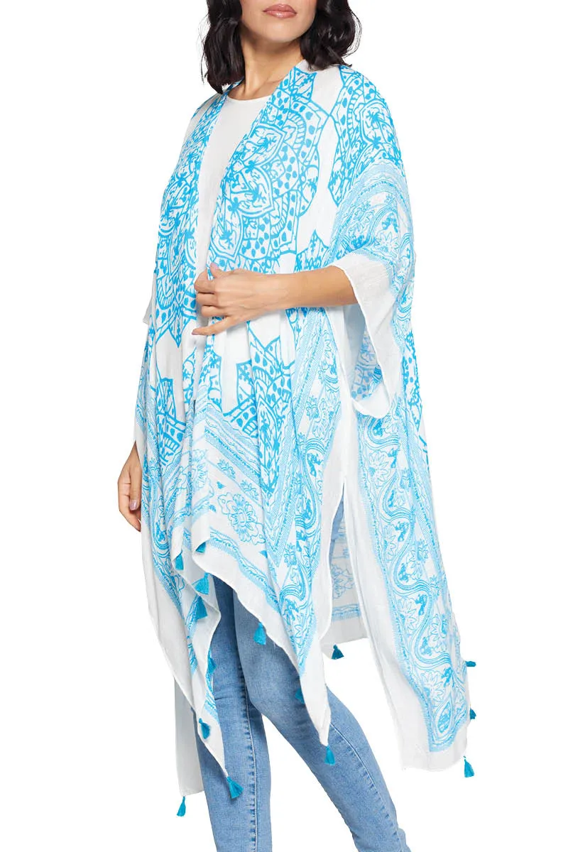 Light Weight Kimono ~ Turquoise Mandala on White