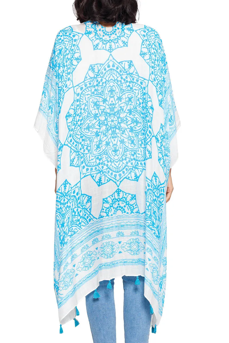 Light Weight Kimono ~ Turquoise Mandala on White