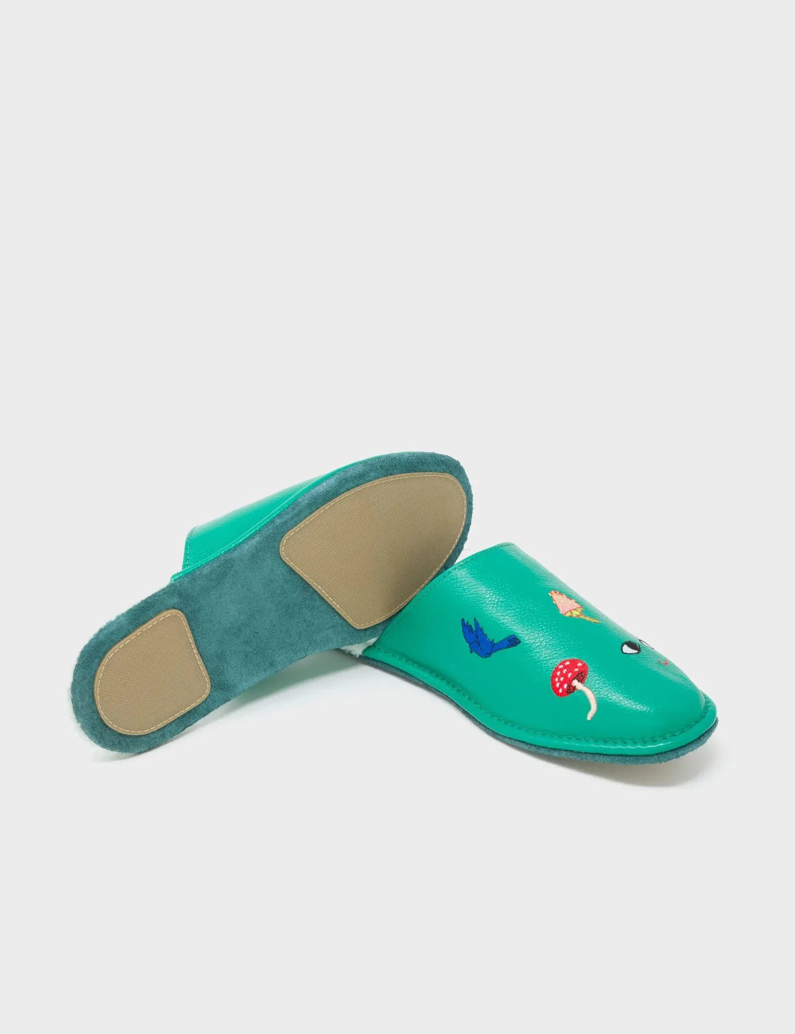 Marcelo Deep Green Leather Slippers - Woodlands Embroidery