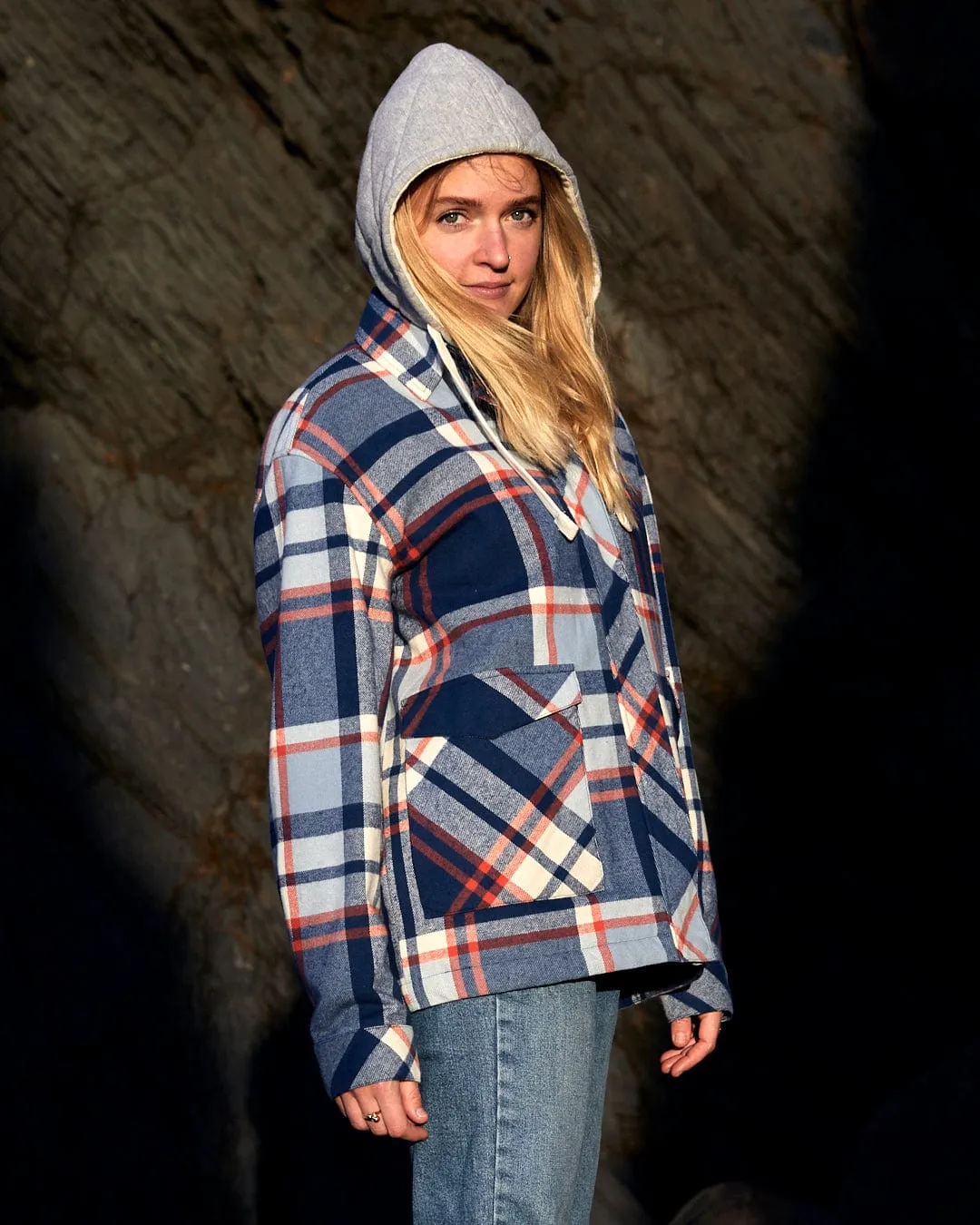 Myla  - Womens Hooded Checked Shacket - Blue Check