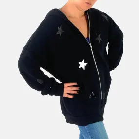 Pac Zip Up Black Hoodie Sweatshirt - White & Black Stars