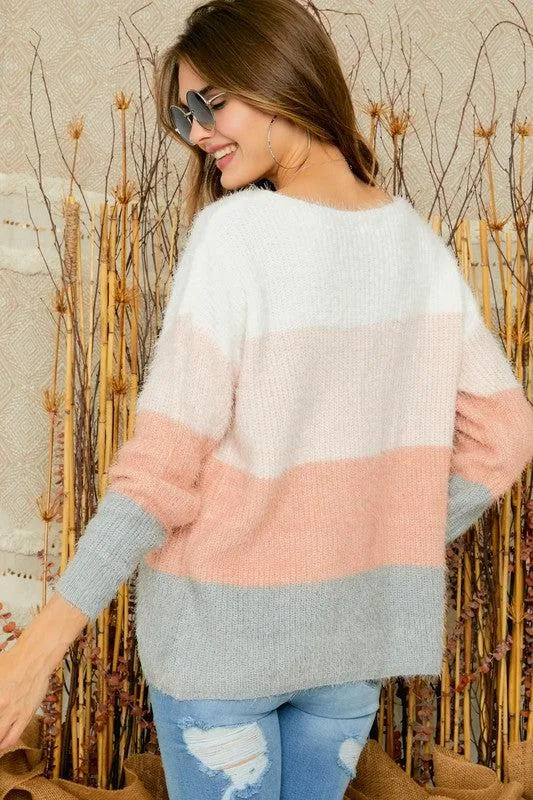 "Dusty Desert" V Neck Color Block Sweater