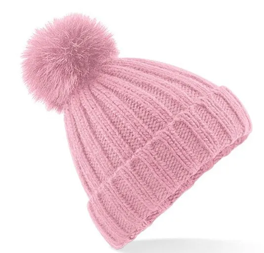 Ribbed Pom Pom Hat - Pink