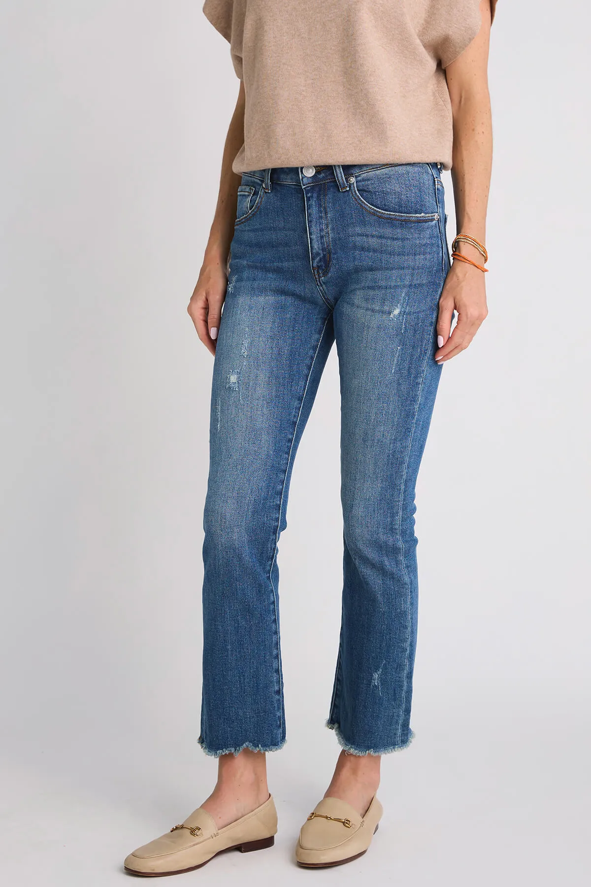 Risen Slightly Distressed Frayed Hem Straight Leg Jeans