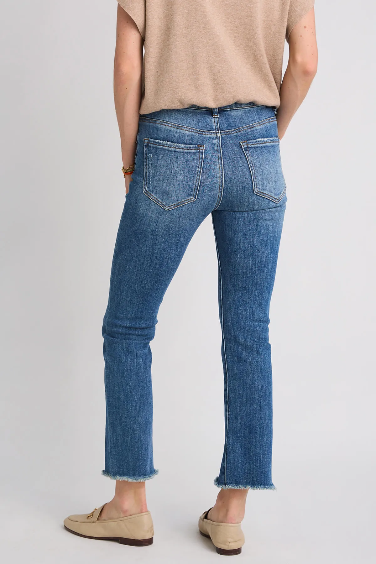 Risen Slightly Distressed Frayed Hem Straight Leg Jeans