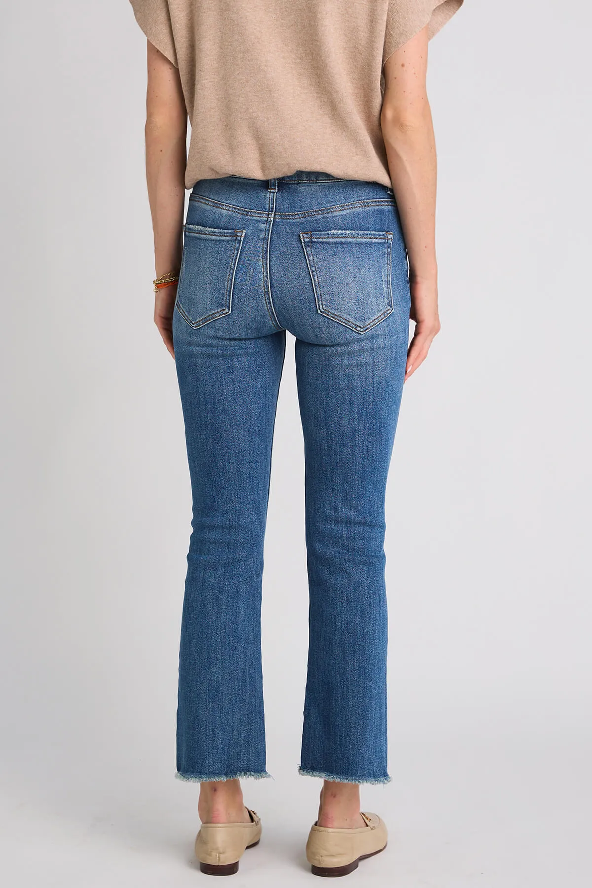 Risen Slightly Distressed Frayed Hem Straight Leg Jeans