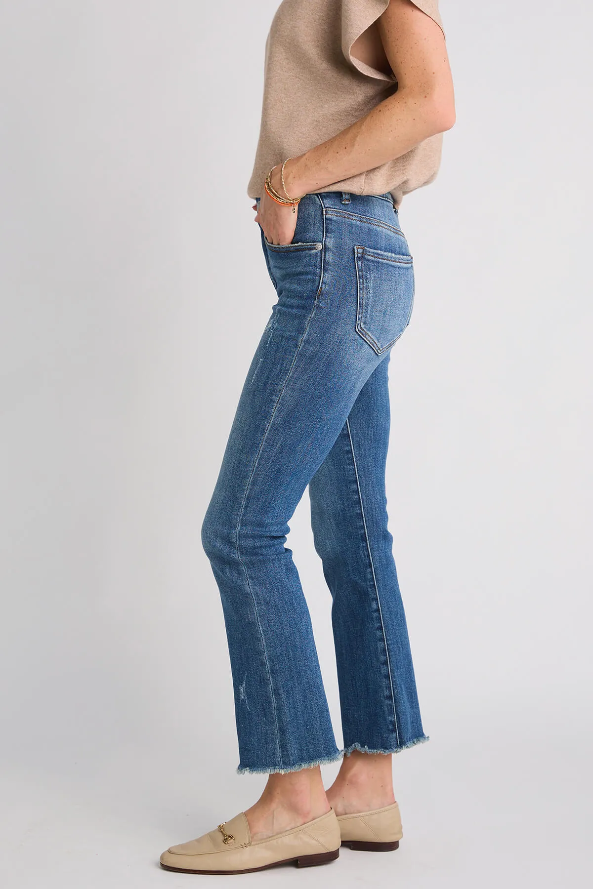 Risen Slightly Distressed Frayed Hem Straight Leg Jeans