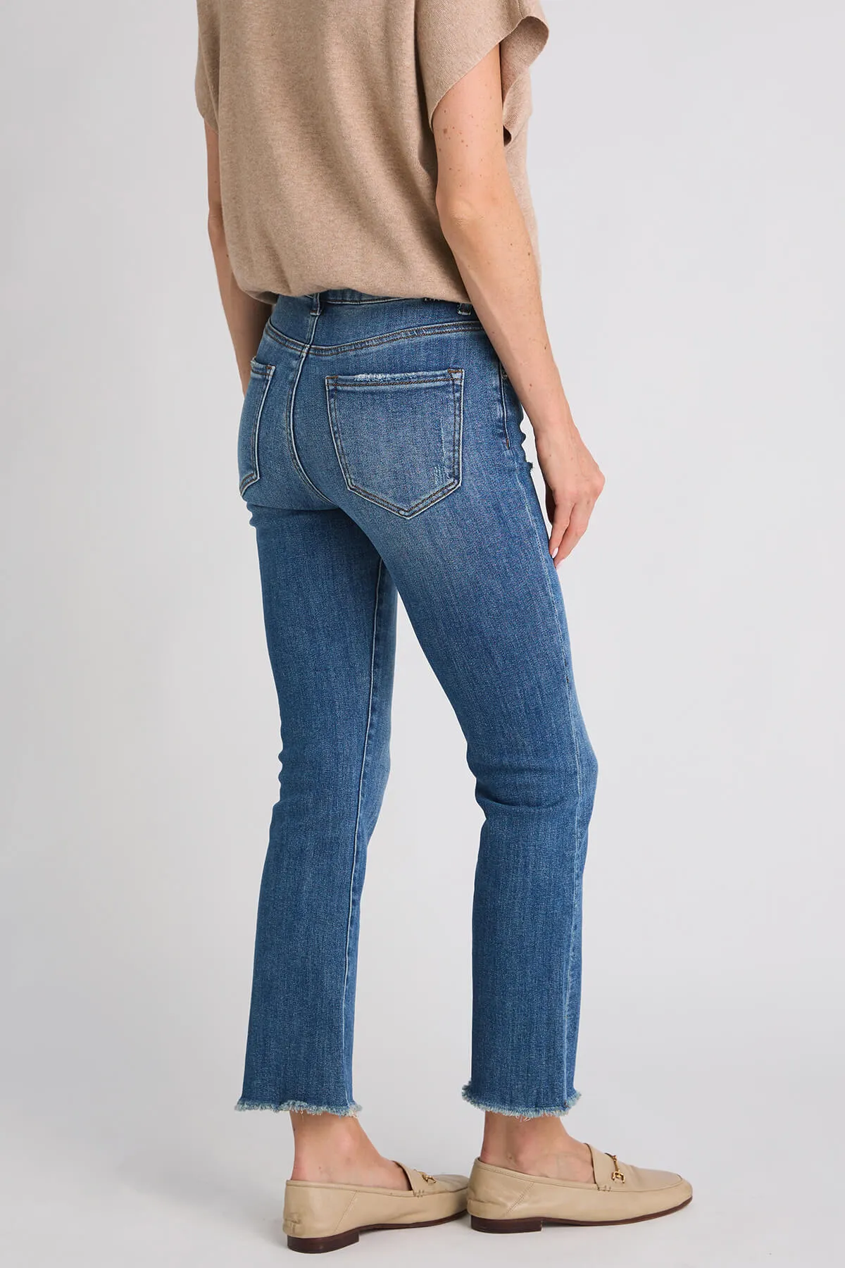 Risen Slightly Distressed Frayed Hem Straight Leg Jeans