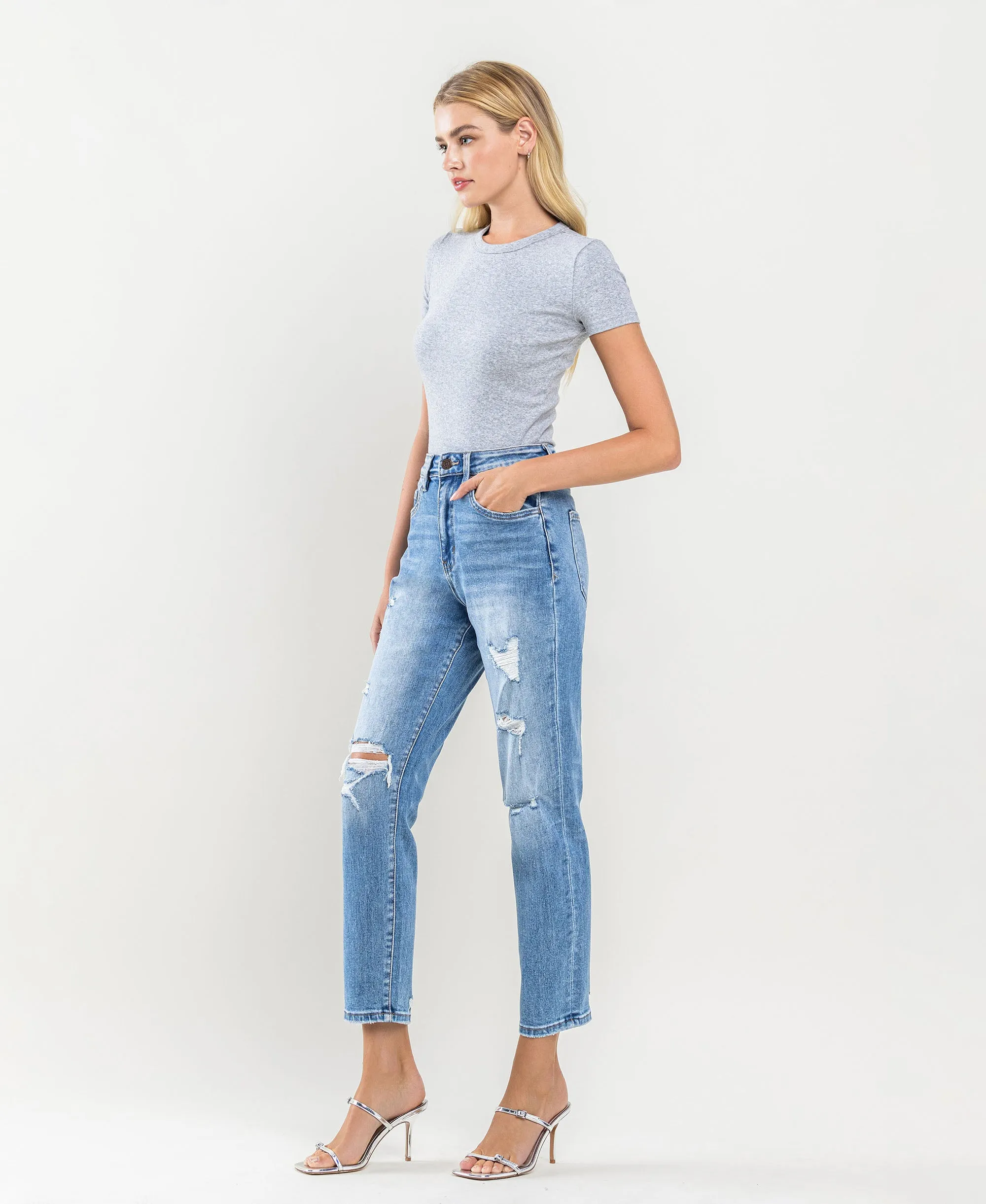 Scratch - Super High Rise Distressed Crop Mom Jeans