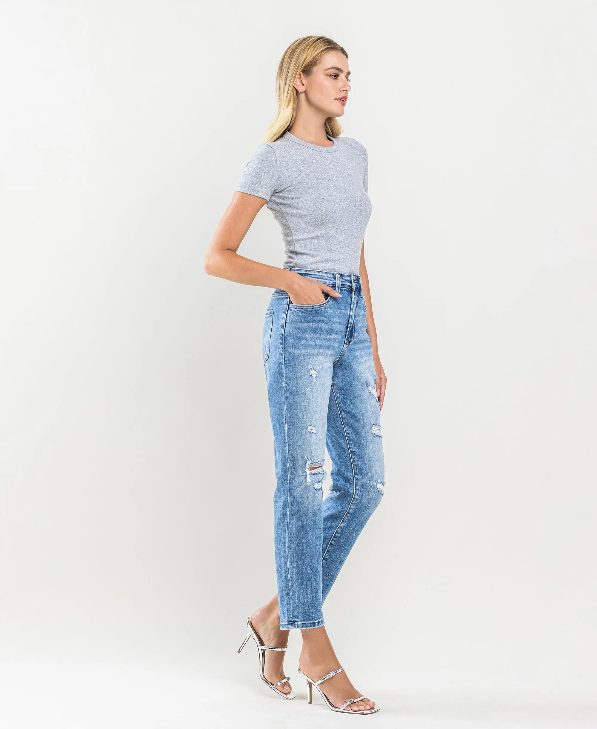 Scratch - Super High Rise Distressed Crop Mom Jeans