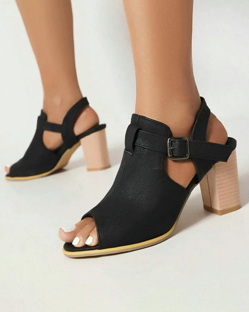 Women's Casual Peep Toe Adjusting Buckle Med Heel Sandals