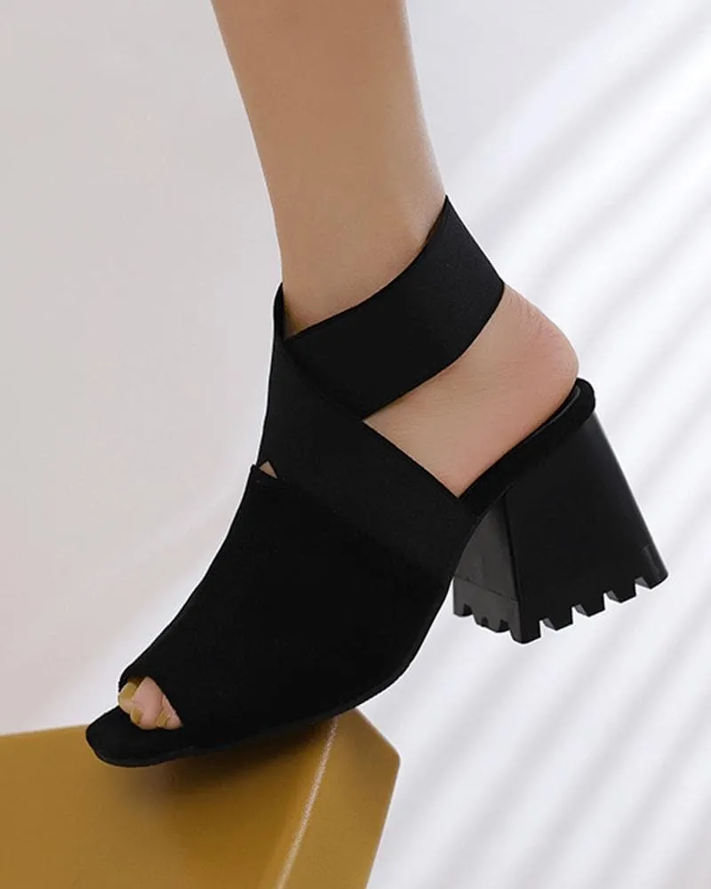 Women's Fashion Peep Toe Elastic Band Chunky Heel Sandals