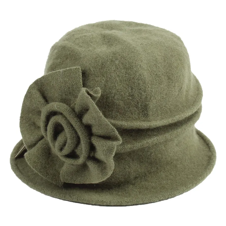 Wool Cloche Hat with Big Flower ~ Olive Green